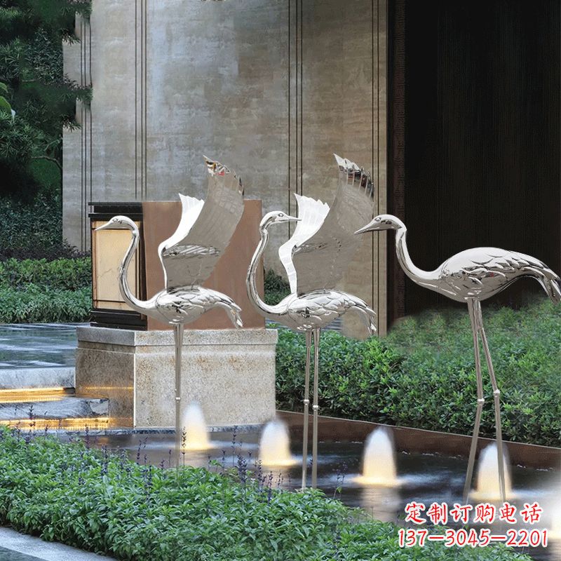 上海鹤雕塑-公园不锈钢镜面喷泉中的鹤雕塑